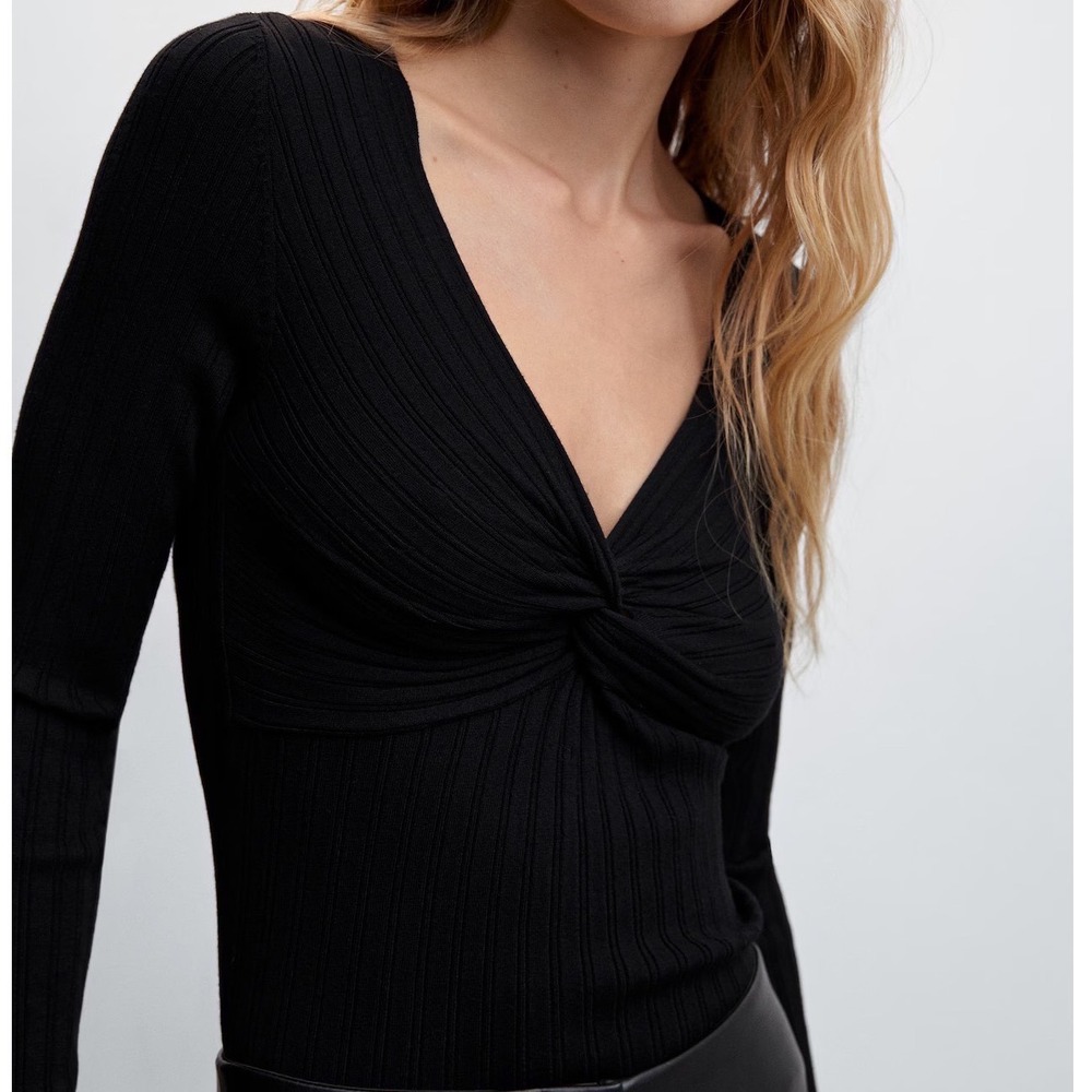 MNG Black Ribbed Twist Front V Neck Long Sleeve Top XL Layer Capsule‎ Minimalist